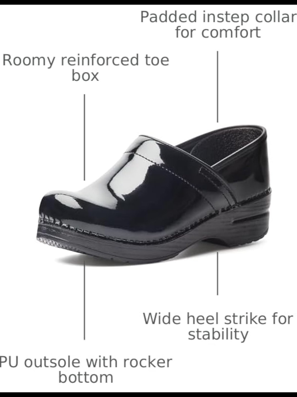 Comfort Patent Leather Work Clog - Black